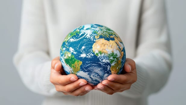 Hands holding Earth globe. Concept of environmental protection, sustainability, and global unity.