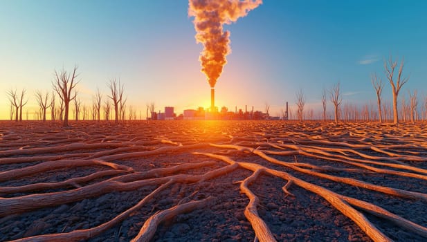 Industrial pollution causing environmental damage. Concept of climate change, deforestation, and ecological disaster.