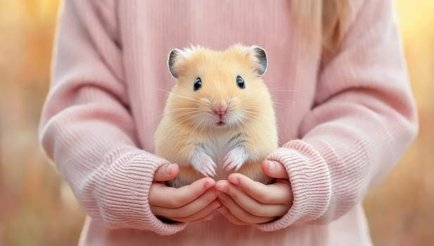 Cute hamster being held by a child. Concept of childhood pets and animal care.