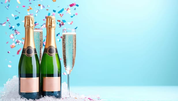 Champagne bottles and glass with confetti. Celebrating New Year's Eve or special occasion.