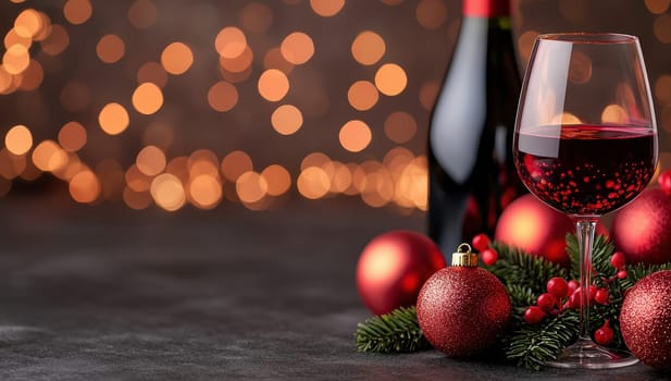Red wine and Christmas decorations. Concept of celebration and holiday spirit.