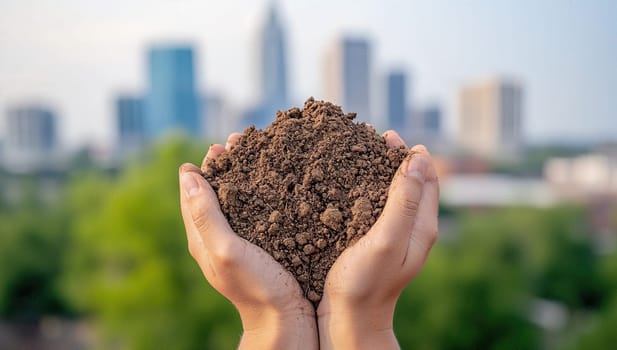 Hands holding fertile soil with a city skyline in the background. Concept of urban farming, sustainability, and environmentalism.