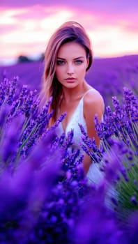 Beautiful woman in a lavender field at sunset. Concept of beauty, nature, and tranquility.