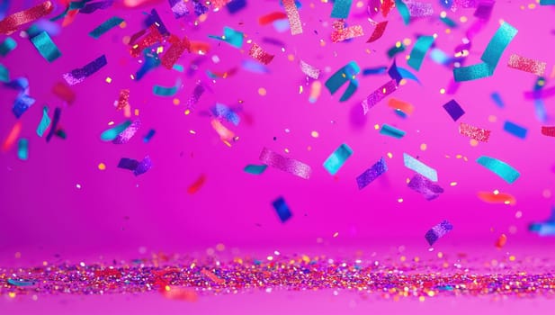 Colorful confetti and glitter explosion on a vibrant pink background. Concept of celebration, party, joy.