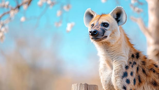 Spotted Hyena Cub Posing with Spring Blossoms
