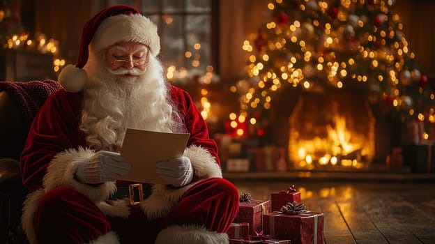 Santa Claus reading wish list letter at cozy home fireplace. Christmas eve concept