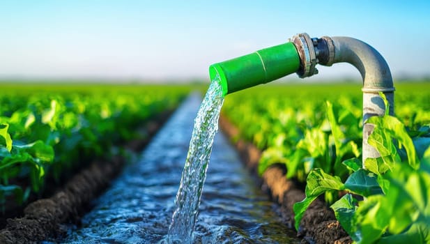 Irrigation of agricultural field, water flowing from pipe onto crops. Concept of agriculture, irrigation, sustainability.