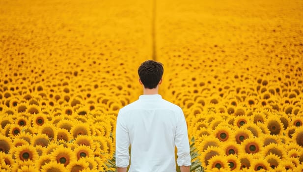 Man standing in a sunflower field. Concept of freedom, nature, and summer.