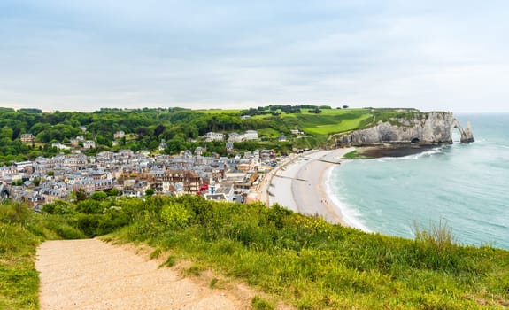 View from above to the town and the bay of Etretat, France