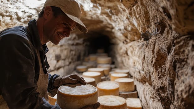 Cheesemaker inspecting aging cheese wheels in a traditional cellar. Concept of artisanal food production, craftsmanship and dairy products.