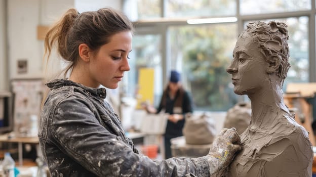 Female Artist Sculpting a Clay Bust in Art Studio. Concept of art, creativity, and craftsmanship.