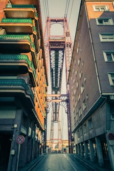 The Bizkaia suspension transporter bridge (Puente de Vizcaya) in Portugalete, Spain. The Bridge crossing the mouth of the Nervion River.