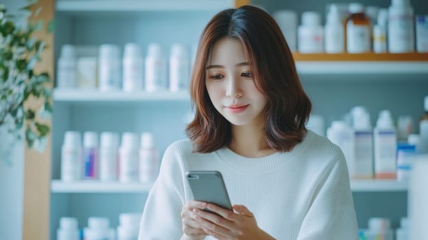 Young woman using a health app on her phone in a pharmacy. Concept of online pharmacy, telemedicine, and healthcare technology.