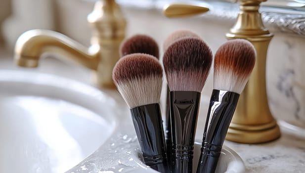 Set of professional makeup brushes in a stylish bathroom. Concept of beauty, cosmetics, getting ready.