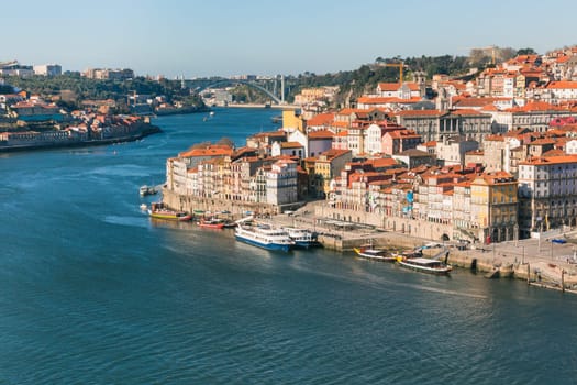 Overview of Old Town of Porto, Portugal. Ribeira and Douro river