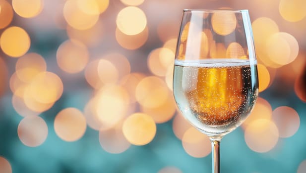 Sparkling Wine Glass with Festive Bokeh Lights, Celebration Concept