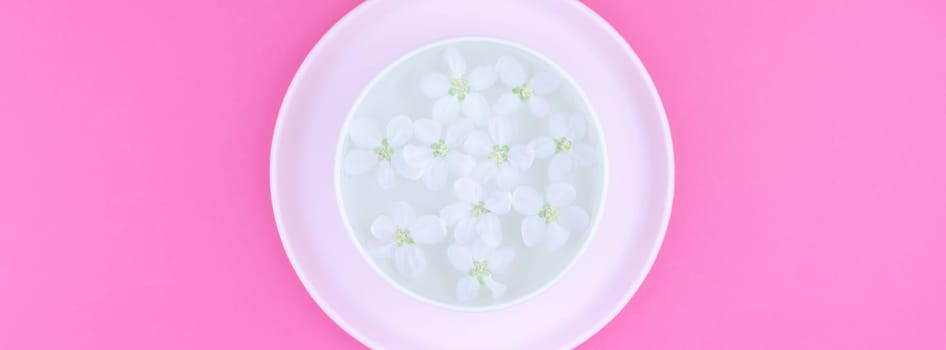 Creative flat lay concept top view of aroma bowl with water and white spring blossoming apple tree flowers on pastel pink paper background with copy space in minimal style, long wide banner