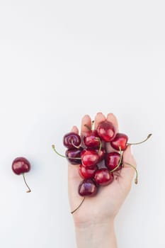 Creative top view of fresh ripe cherry in a female hands with copy space isolated on white background in minimal style. Concept of summer fun and healthy eating. Template for your text or food design