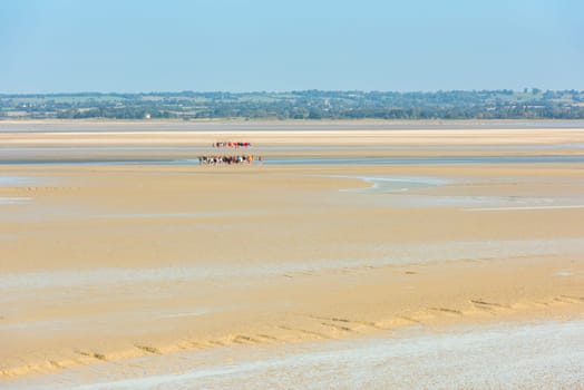 View from walls of Mont Saint Michel on the bay during the low tide with groups of tourists walking. France