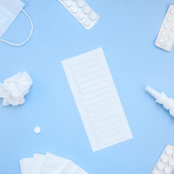 Creative flat lay concept of seasonal spring allergy with napkins, pills, face mask and drops in a bottle with copy space square background minimal style, template for text