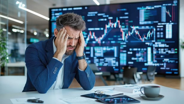 Stressed businessman with headache analyzing declining stock market data. Concept of financial loss, investment risk, and market volatility.