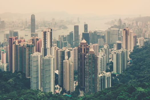 Haze Hong Kong downtown view from Victoria peak. Filtered shot