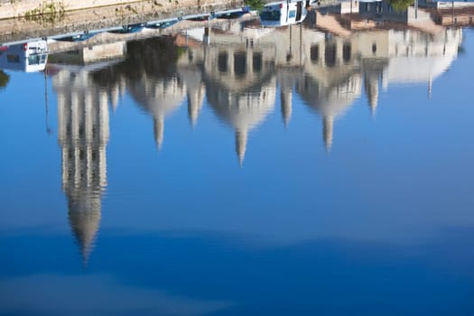 Defocused Water reflections View of Saint Front Cathedral in Perigord, France