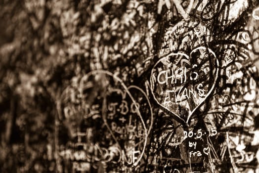 The wall full of messages from lovers in Juliet house, Verona, Italy.