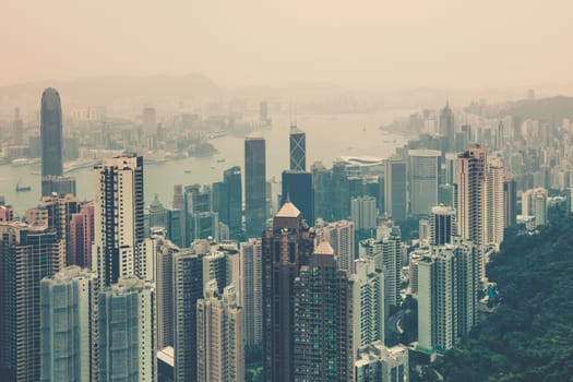 Haze Hong Kong downtown view from Victoria peak. Filtered shot