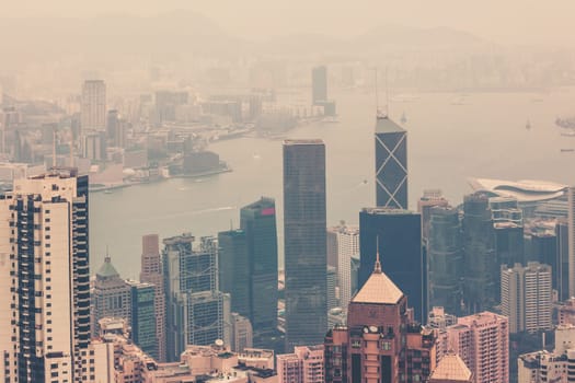 Haze Hong Kong downtown view from Victoria peak. Filtered shot