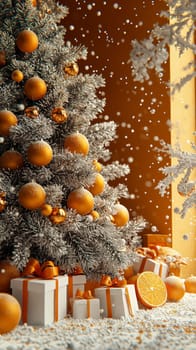 This 3D graphic showcases a beautifully decorated Christmas tree adorned with bright orange Christmas balls. The festive scene features gifts carefully placed underneath the tree, enhancing the holiday spirit. The harmonious combination of white, orange, and grey colors creates a warm and inviting atmosphere against the vibrant orange background, making it a perfect representation of holiday cheer.