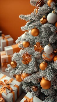 This 3D graphic showcases a beautifully decorated Christmas tree adorned with bright orange Christmas balls. The festive scene features gifts carefully placed underneath the tree, enhancing the holiday spirit. The harmonious combination of white, orange, and grey colors creates a warm and inviting atmosphere against the vibrant orange background, making it a perfect representation of holiday cheer.