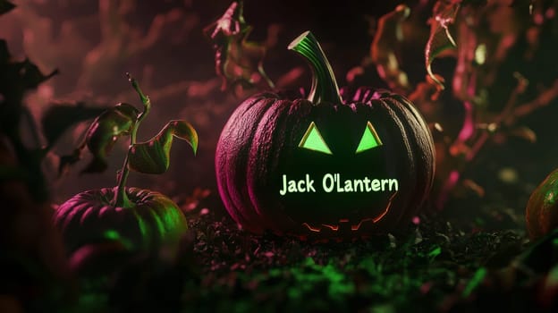 This mesmerizing image showcases a dark Halloween background illuminated by the vibrant green glowing 3D text "Jack O’Lantern."" The text radiates an eerie yet festive aura, embodying the spirit of Halloween. The contrast between the glowing letters and the shadowy backdrop creates a captivating visual that evokes the playful and spooky essence of the holiday, making it ideal for decorations, invitations, or themed events."