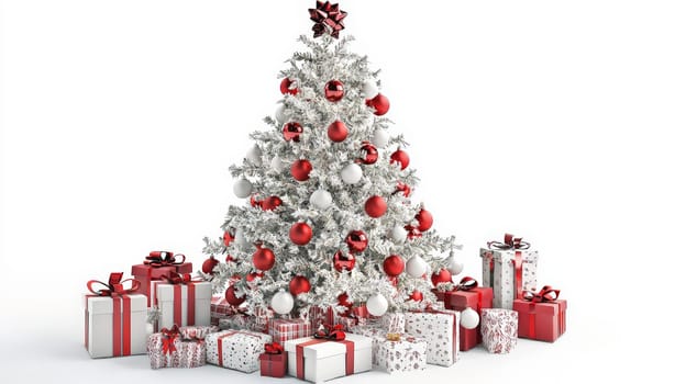 This enchanting Christmas scene features a beautifully decorated tree adorned with vibrant red ornaments, set against a pristine white background. Beneath the tree, thoughtfully arranged gifts await, enhancing the festive atmosphere. The combination of red, white, and grey colors creates a cheerful and inviting aesthetic, perfect for celebrating the holiday season.