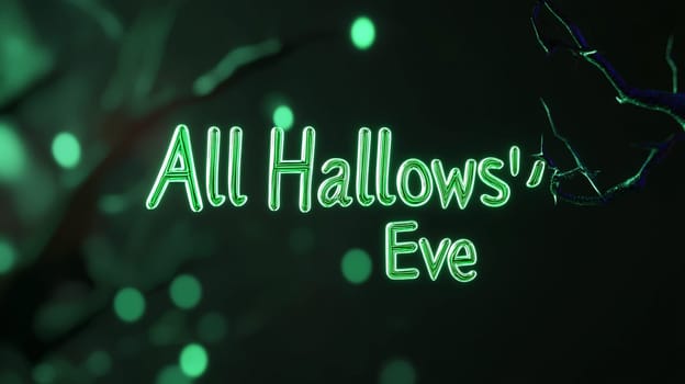 This striking image showcases a dark Halloween background featuring the 3D text "All Hallows’ Eve"" glowing in vibrant green. The interplay of shadows and light creates an enchanting yet eerie atmosphere, perfect for capturing the essence of Halloween. The vivid text stands out against the dark backdrop, making it an ideal visual for Halloween-themed promotions, invitations, or social media posts that celebrate the spirit of the season."