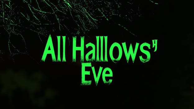 This striking image showcases a dark Halloween background featuring the 3D text "All Hallows’ Eve"" glowing in vibrant green. The interplay of shadows and light creates an enchanting yet eerie atmosphere, perfect for capturing the essence of Halloween. The vivid text stands out against the dark backdrop, making it an ideal visual for Halloween-themed promotions, invitations, or social media posts that celebrate the spirit of the season."