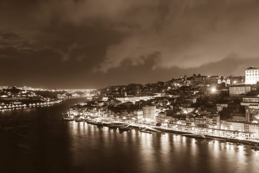 PORTUGAL, PORTO - JANUARY 20: Overview of Old Town of Porto, Portugal at night on January 20, 2013
