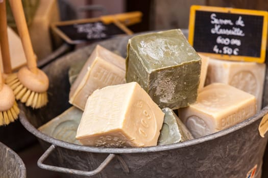 FRANCE, L'ISLE-SUR-LA-SORGUE - AUGUST 07: Handmade soap in a beauty shop in Provence France on August 07, 2014