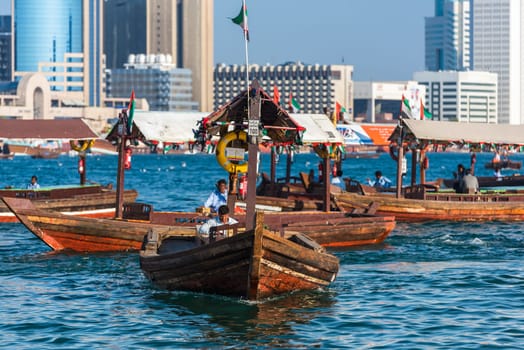 UAE, DUBAI - DECEMBER 27: traditional arabic boats at Dubai creek on December 27, 2014