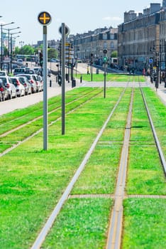 FRANCE, BORDEAUX - SEPTEMBER 20: Tram line on the street of Bordeaux, France on September 20, 2015