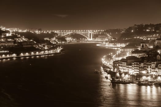 PORTUGAL, PORTO - JANUARY 20: Overview of Old Town of Porto, Portugal at night on January 20, 2013