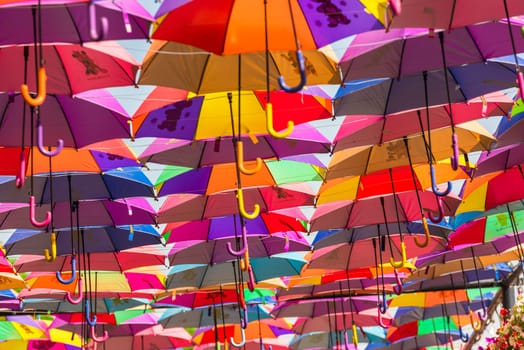UAE, DUBAI - DECEMBER 30: multicolor umbrellas roof in Dubai miracle garden on December 30, 2014