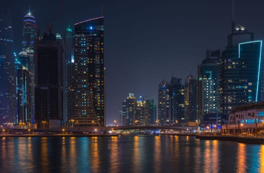 UAE, DUBAI - DECEMBER 31: night view of Dubai Marina, United Arab Emirates - the largest man-made marina in the world on December 31, 2014
