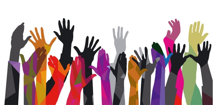 Group of people raising their hands, isolated on a white background. illustration
