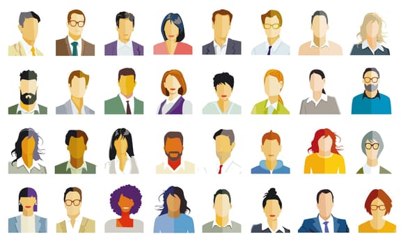 Group of people portrait, faces isolated on white background. illustration