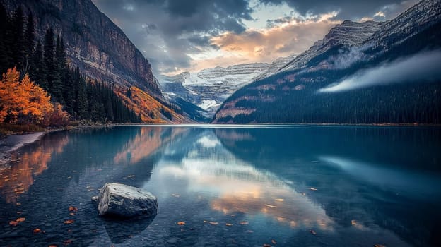 A breathtaking, realistic landscape photograph capturing the vibrant fall colors of Canadian lakes and forests. Rich autumnal hues of red, orange, and yellow blanket the trees, while clear reflections on the lake enhance the scene’s natural beauty. Shot with natural lighting and no filters, this image showcases the serene allure of the season.