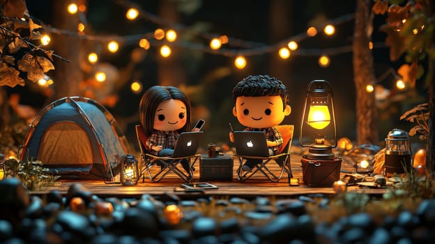 A detailed 3D rendering of a miniature man and woman sitting on folding chairs, each with a laptop, creating an outdoor workspace ambiance. The man, with black hair, holds a phone with a smile, while a small lamp beside them adds a cozy touch with hanging lights and camping gear in the background. The scene is set against a black background, with intricate details capturing a realistic and inviting atmosphere, styled like product photography.