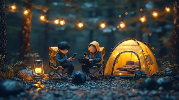 A detailed 3D rendering of a miniature man and woman sitting on folding chairs, each with a laptop, creating an outdoor workspace ambiance. The man, with black hair, holds a phone with a smile, while a small lamp beside them adds a cozy touch with hanging lights and camping gear in the background. The scene is set against a black background, with intricate details capturing a realistic and inviting atmosphere, styled like product photography.