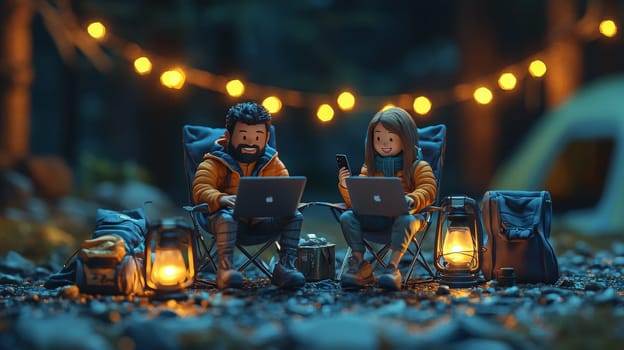 A detailed 3D rendering of a miniature man and woman sitting on folding chairs, each with a laptop, creating an outdoor workspace ambiance. The man, with black hair, holds a phone with a smile, while a small lamp beside them adds a cozy touch with hanging lights and camping gear in the background. The scene is set against a black background, with intricate details capturing a realistic and inviting atmosphere, styled like product photography.