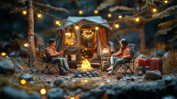 A detailed 3D rendering capturing a cozy campsite setup with a miniature man and woman seated on folding chairs. The man with black hair is tending the campfire in front of him, holding a stick, while a small lamp and string lights create a warm ambiance around the campsite. The background is dark, accentuating the soft glow of the lights and camping equipment, creating a serene outdoor scene in the style of product photography.